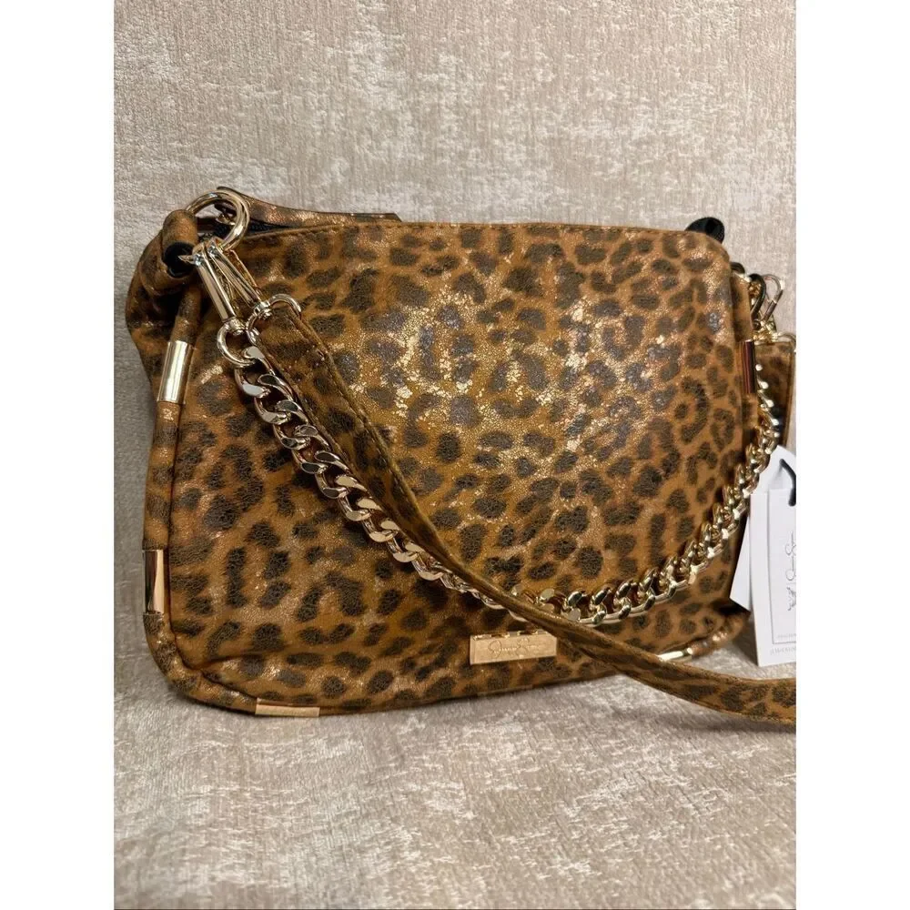 NWT Jessica Simpson Women's Sadie Leopard Print Chain Strap Shoulder Bag Brown